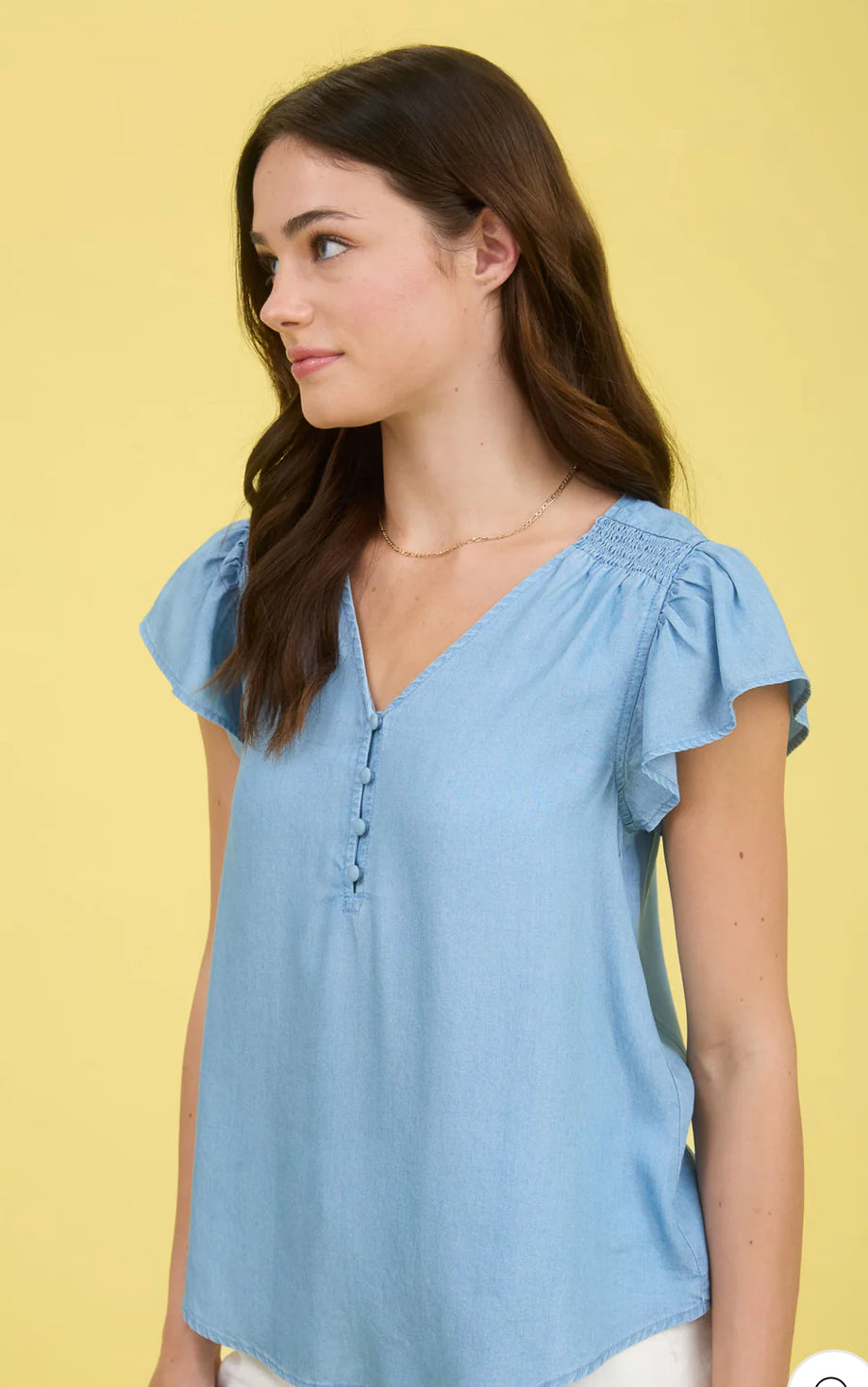 V NECK HALF BUTTON RUFFLE SLEEVE CHAMBRAY TOP-How Cute is That? Boutique