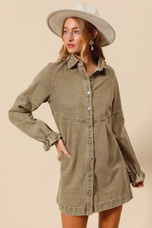 Button down denim dress in Olive