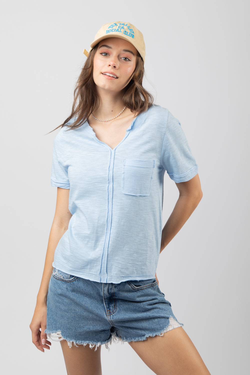 Short Sleeve Raw Edge Pocket T Shirt in Sky Blue
