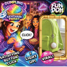 Promotional image of Dumpling Keychain Fidget with children and a green bag, featuring Fun Doh branding.