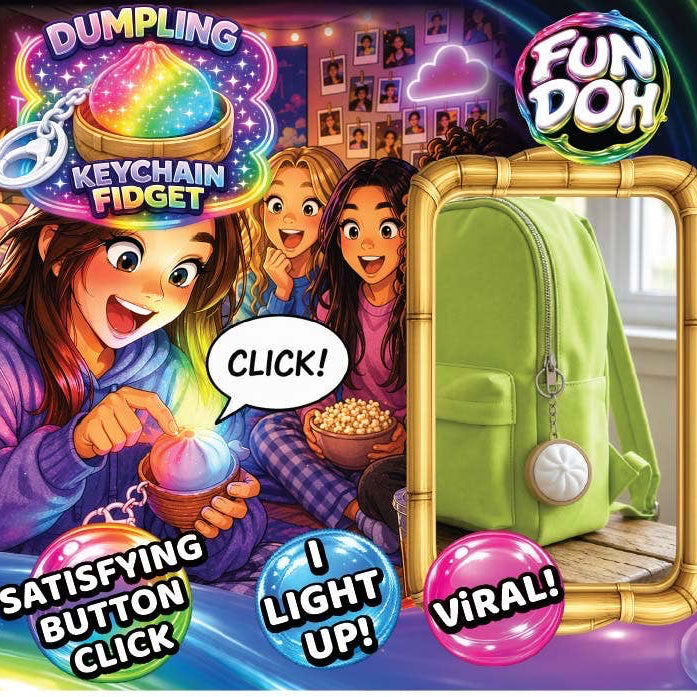 Promotional image of Dumpling Keychain Fidget with children and a green bag, featuring Fun Doh branding.
