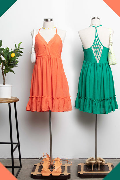 Sleeveless Woven Lattice Open Back Mini Dress