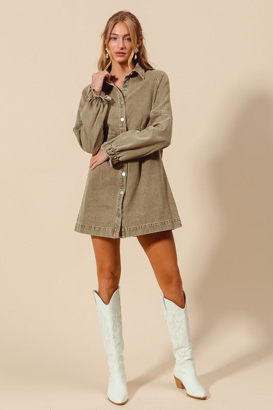 Button down denim dress in Olive