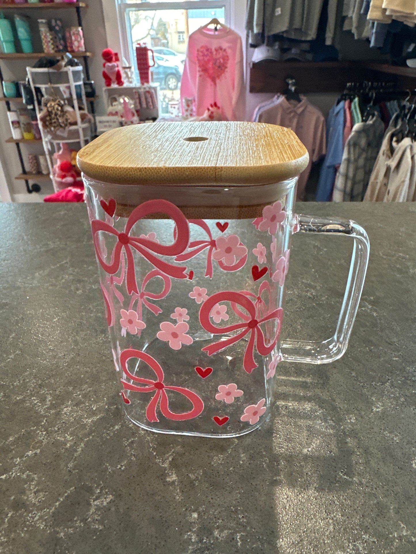 Bows, Flowers, and Hearts square Glass Tumbler with Flower Glass Straw