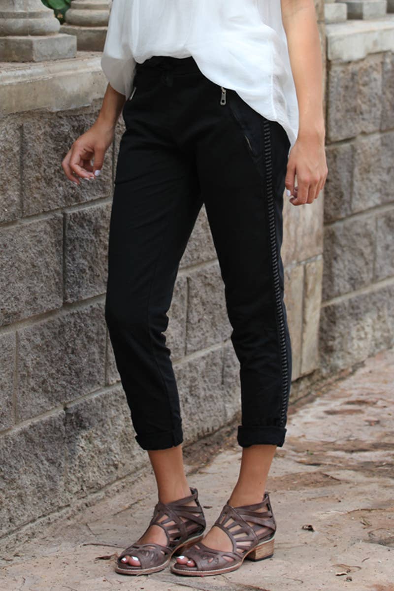 PULL ON TIE FRONT ZIPPER POCKET FRENCH TERRY JOGGER