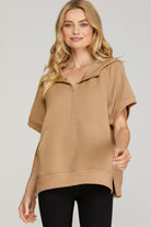 SHORT SLEEVE TEXTURED HALF ZIP HOODIE TOP-How Cute is That? Boutique