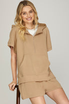 SHORT SLEEVE TEXTURED HALF ZIP HOODIE TOP-How Cute is That? Boutique