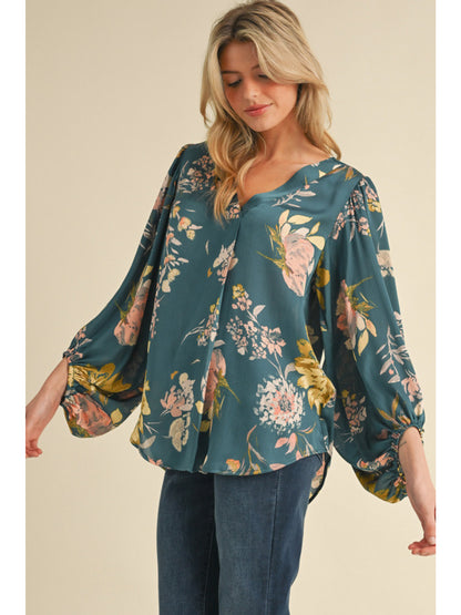 Satin Floral Print Blouse in Teal