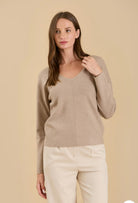 SOLID V NECK FRONT SEAM KNIT SWEATER-How Cute is That? Boutique