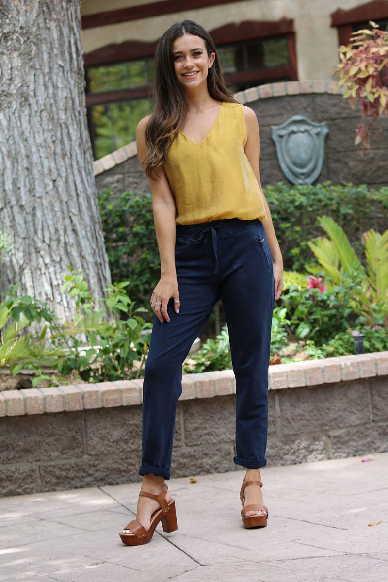 PULL ON TIE FRONT ZIPPER POCKET FRENCH TERRY JOGGER