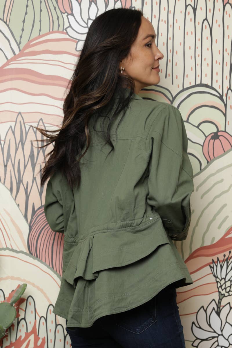 DENIM RUFFLE PEPLUM JACKET