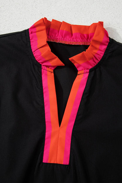 Striped Trim Ruffle Split Neck Blouse