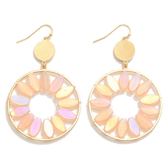Metal Drop Earrings With Iridescent Beaded Flower Petals in Blush