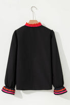 Striped Trim Ruffle Split Neck Blouse-How Cute is That? Boutique