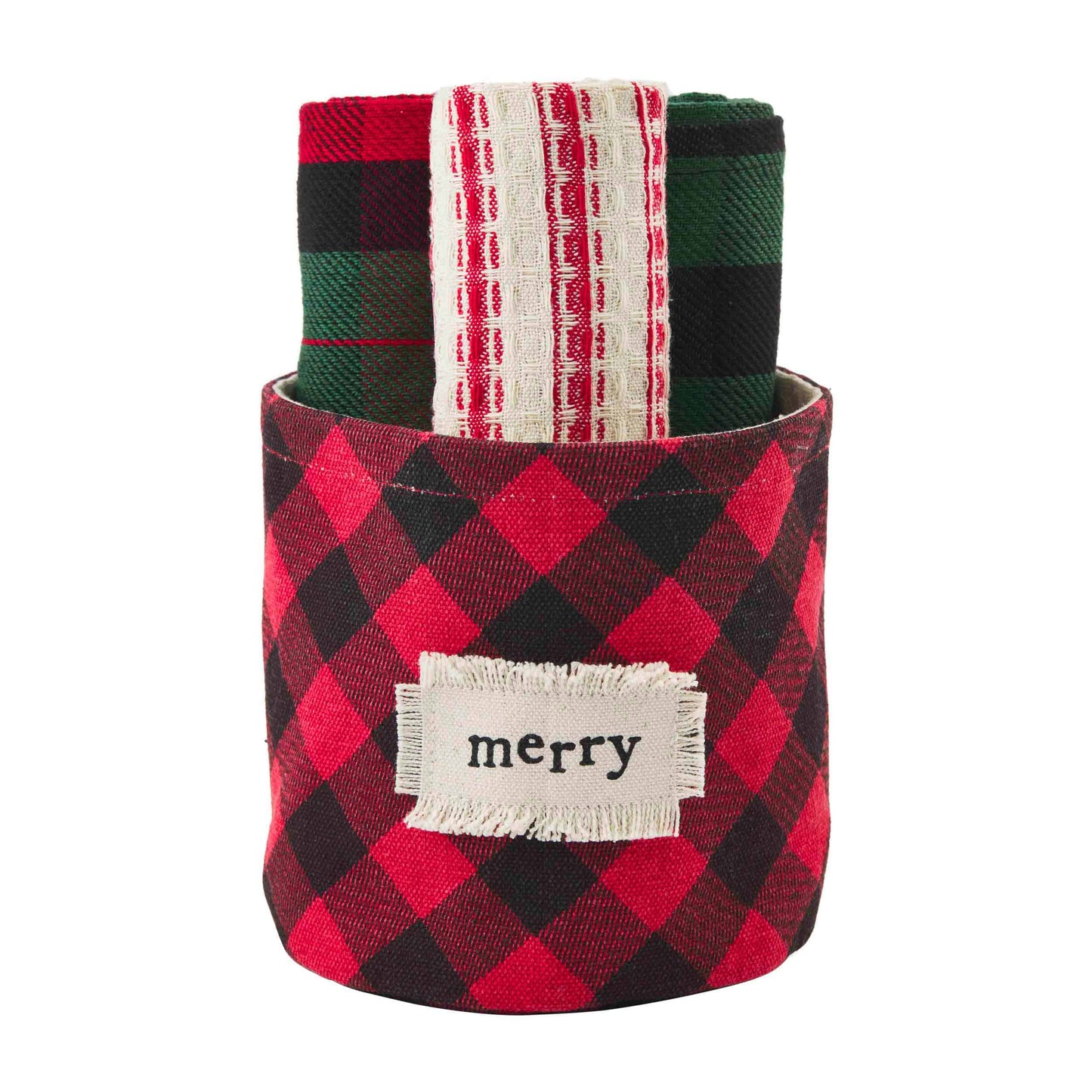 Red Buffalo Check Christmas Towel Bucket- "Merry"