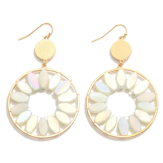 Metal Drop Earrings With Iridescent Beaded Flower Petals