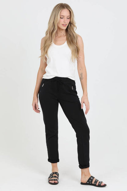 PULL ON TIE FRONT ZIPPER POCKET FRENCH TERRY JOGGER