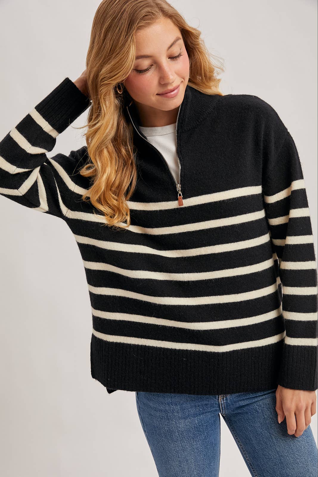 QUARTER ZIP UP STRIPE PULLOVER