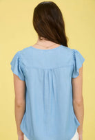 V NECK HALF BUTTON RUFFLE SLEEVE CHAMBRAY TOP-How Cute is That? Boutique