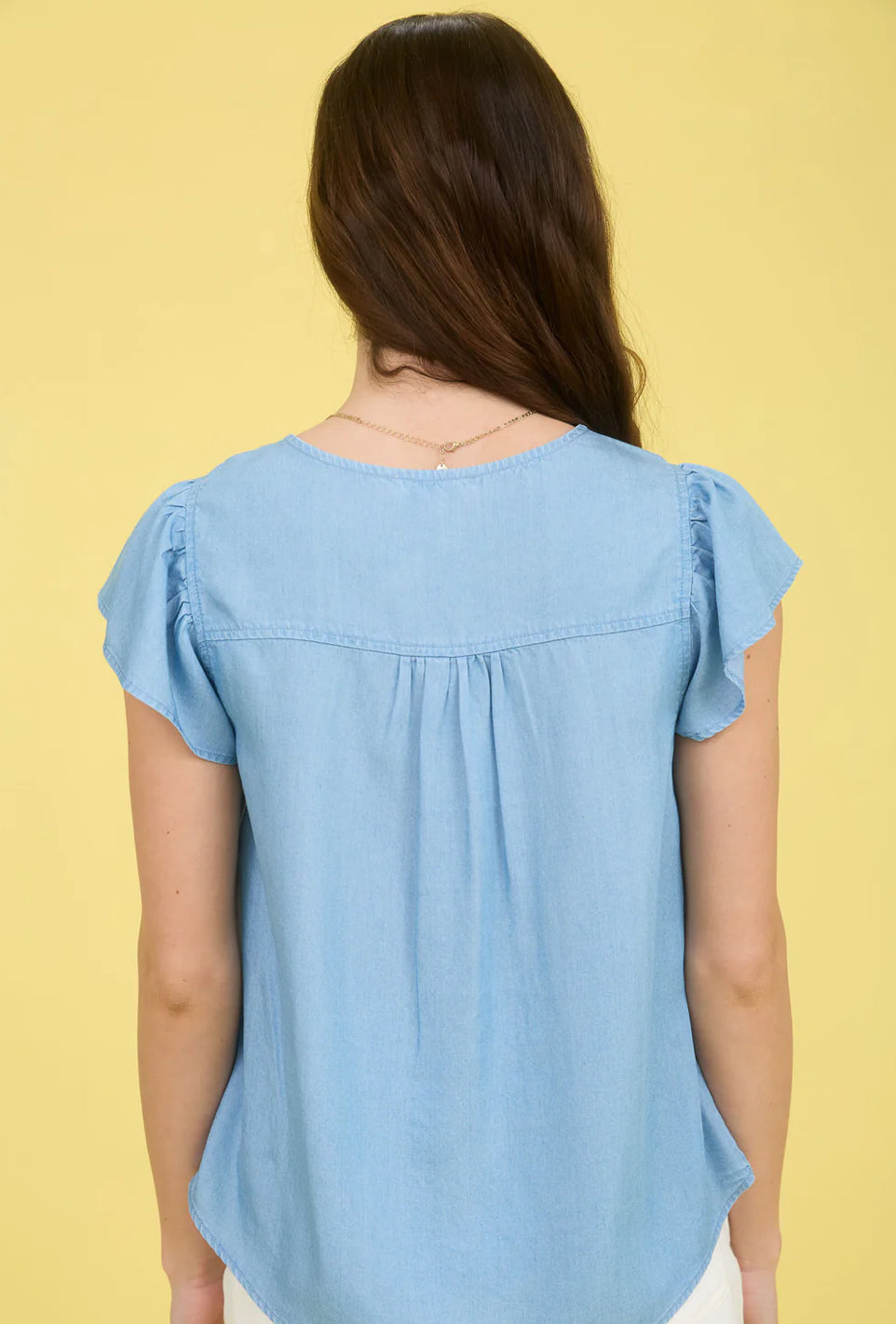 V NECK HALF BUTTON RUFFLE SLEEVE CHAMBRAY TOP-How Cute is That? Boutique