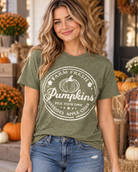 Women’s olive green Farm Fresh Pumpkins graphic T-shirt with vintage pumpkin, hayrides and apple cider design