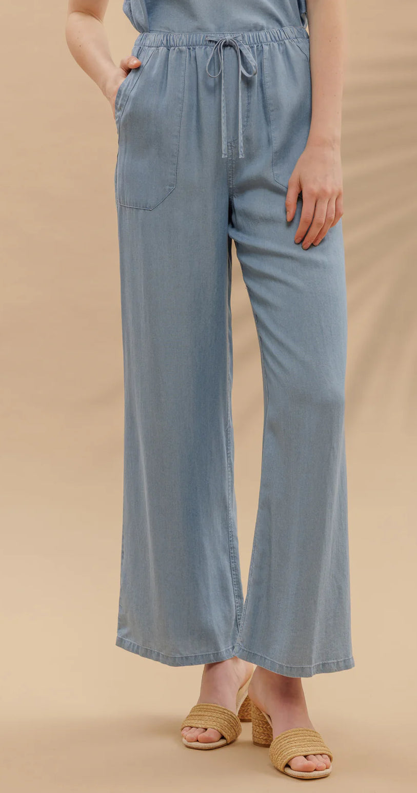 DRAWSTRING WAIST WIDE LEG CHAMBRAY PANTS-How Cute is That? Boutique