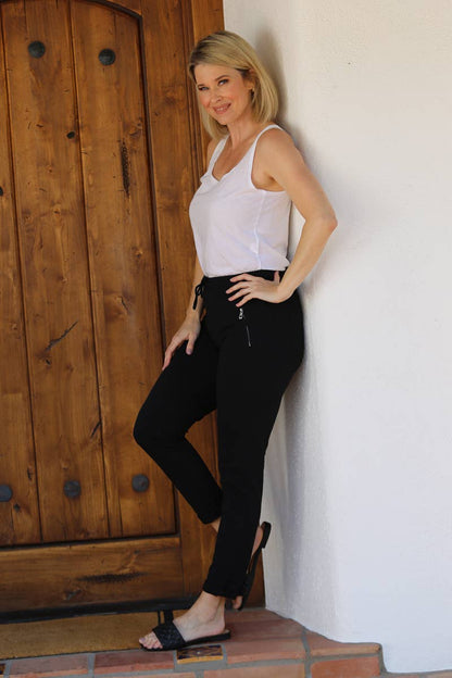 PULL ON TIE FRONT ZIPPER POCKET FRENCH TERRY JOGGER