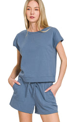 PREMIUM COTTON TOP & SHORTS SET in Dusty Blue-How Cute is That? Boutique