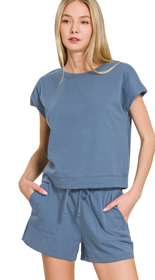PREMIUM COTTON TOP & SHORTS SET in Dusty Blue