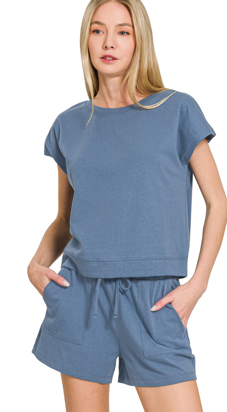 PREMIUM COTTON TOP & SHORTS SET in Dusty Blue-How Cute is That? Boutique