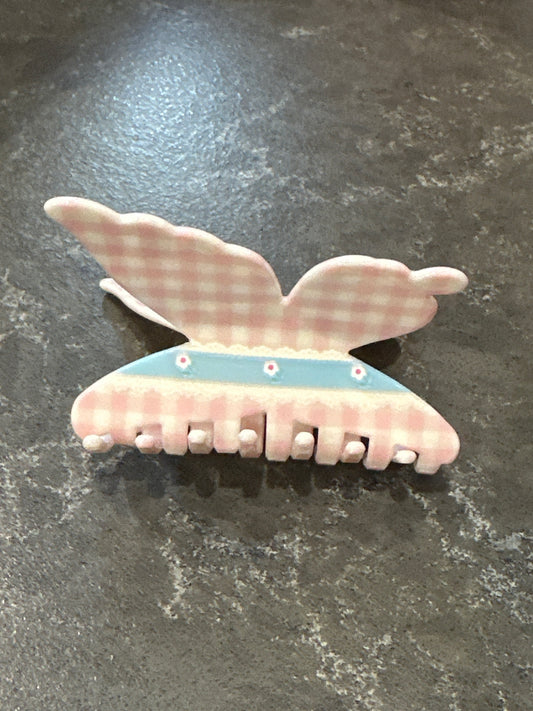 Pink Check Butterfly Claw Clip