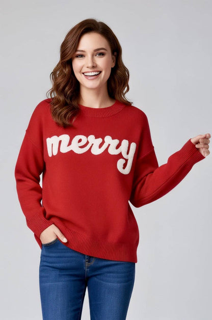 Merry Holiday Christmas Sweater Top Red