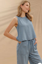 ROUND NECK BACK BUTTON SLEEVELESS CHAMBRAY TOP-How Cute is That? Boutique