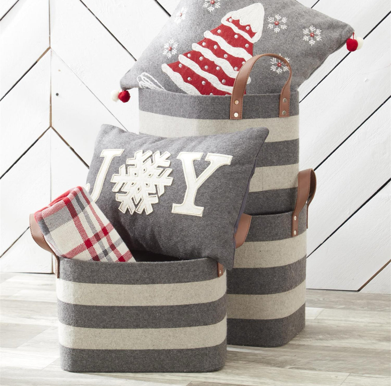 18 Inch Gray Wool Rectangle Beaded Joy Snowflake