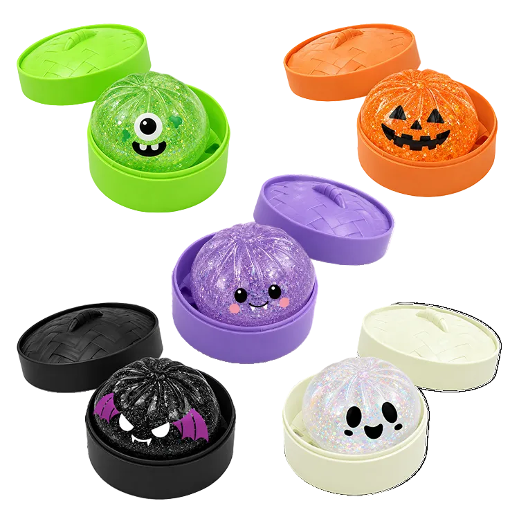 Halloween Squishy Dumpling Mystery collectible featuring pumpkin, ghost, monster, bat, and vampire slow-rising sensory fidget toys.