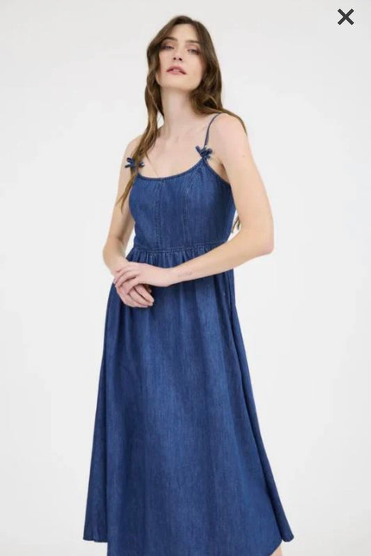 Denim Maxi Dress with Bow Straps
