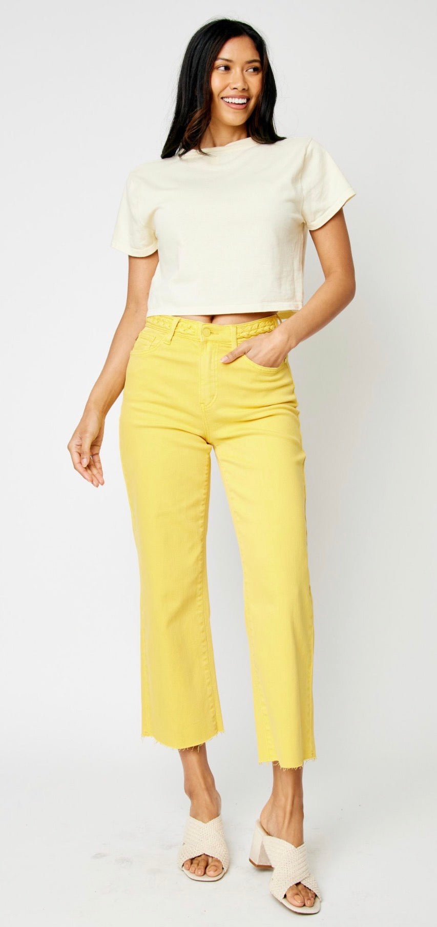 Judy Blue HIGH WAIST GARMENT DYED BRAIDED WAISTBAND CROP WIDE LEG in Yellow-How Cute is That? Boutique