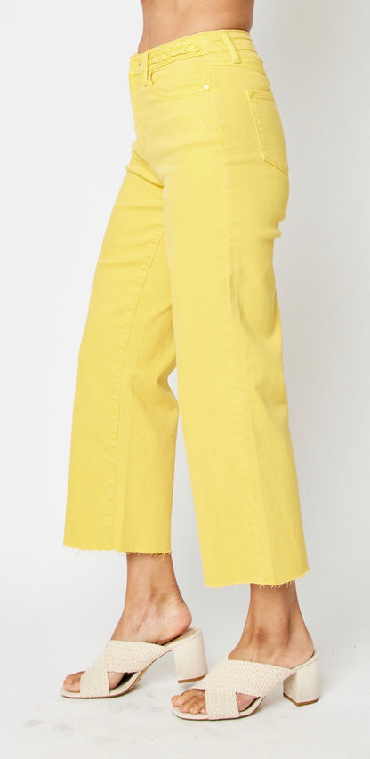 Judy Blue HIGH WAIST GARMENT DYED BRAIDED WAISTBAND CROP WIDE LEG in Yellow