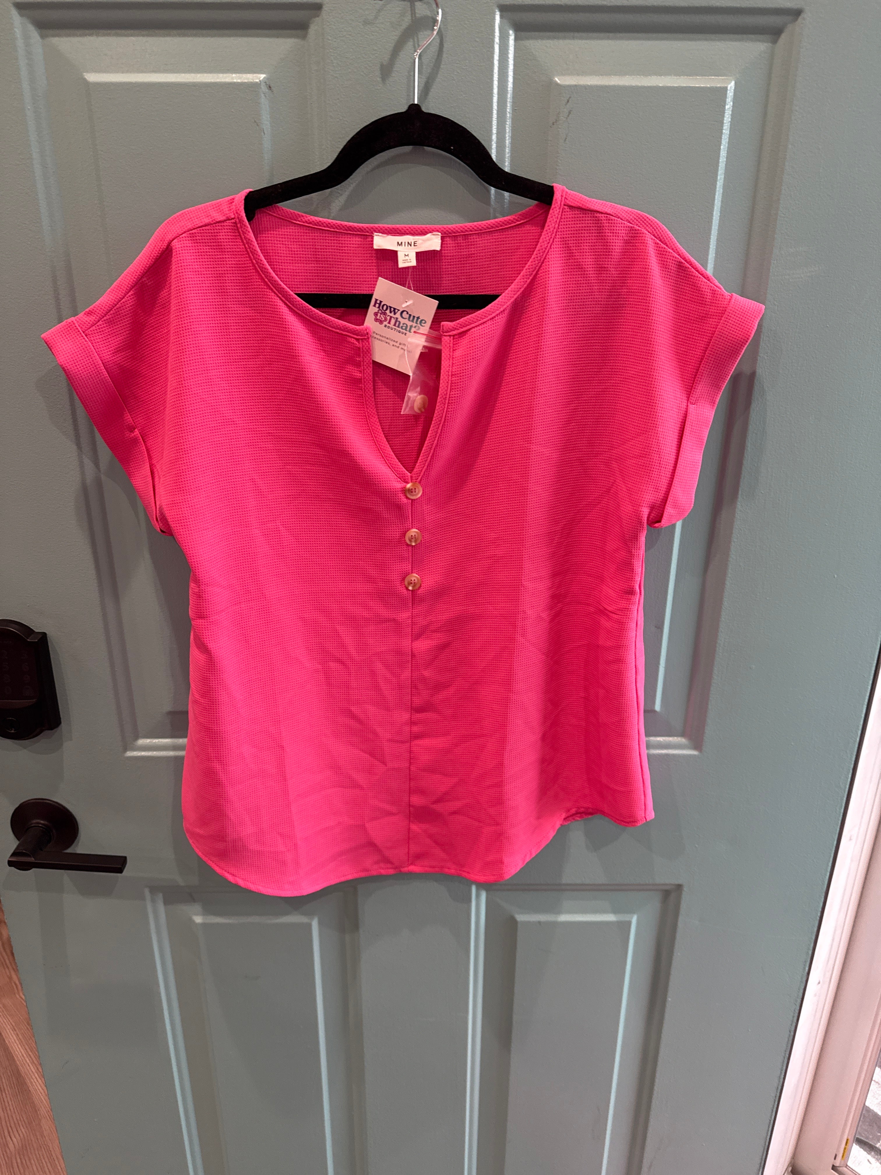 BUTTON FRONT SHORT SLEEVE BLOUSE TOP in Pink-How Cute is That? Boutique