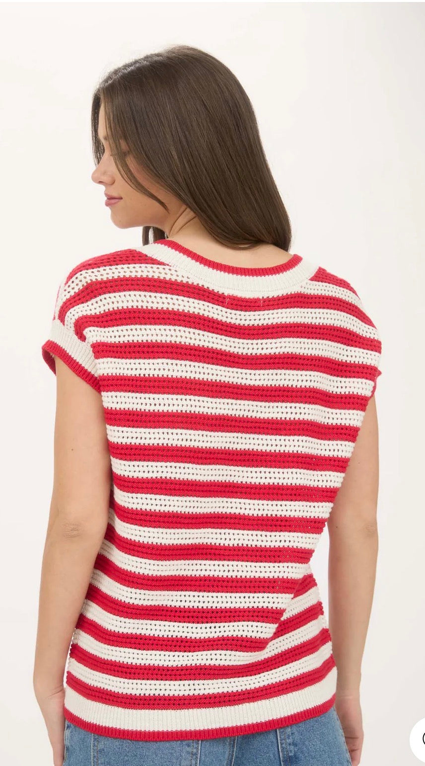 STRIPE V NECK CROCHET KNIT SHORT SLEEVE SWEATER