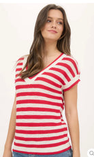 STRIPE V NECK CROCHET KNIT SHORT SLEEVE SWEATER-How Cute is That? Boutique