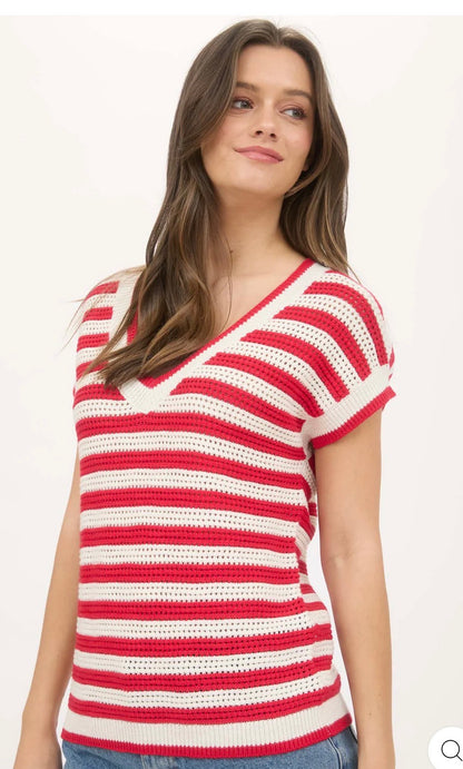 STRIPE V NECK CROCHET KNIT SHORT SLEEVE SWEATER
