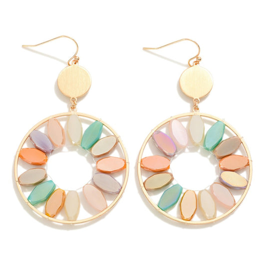 Metal Drop Earrings With Iridescent Beaded Flower Petals in Multi Colors