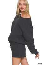 FLEECE BOAT NECK SWEATSHIRTS & SHORTS 2PCS SET in black-How Cute is That? Boutique