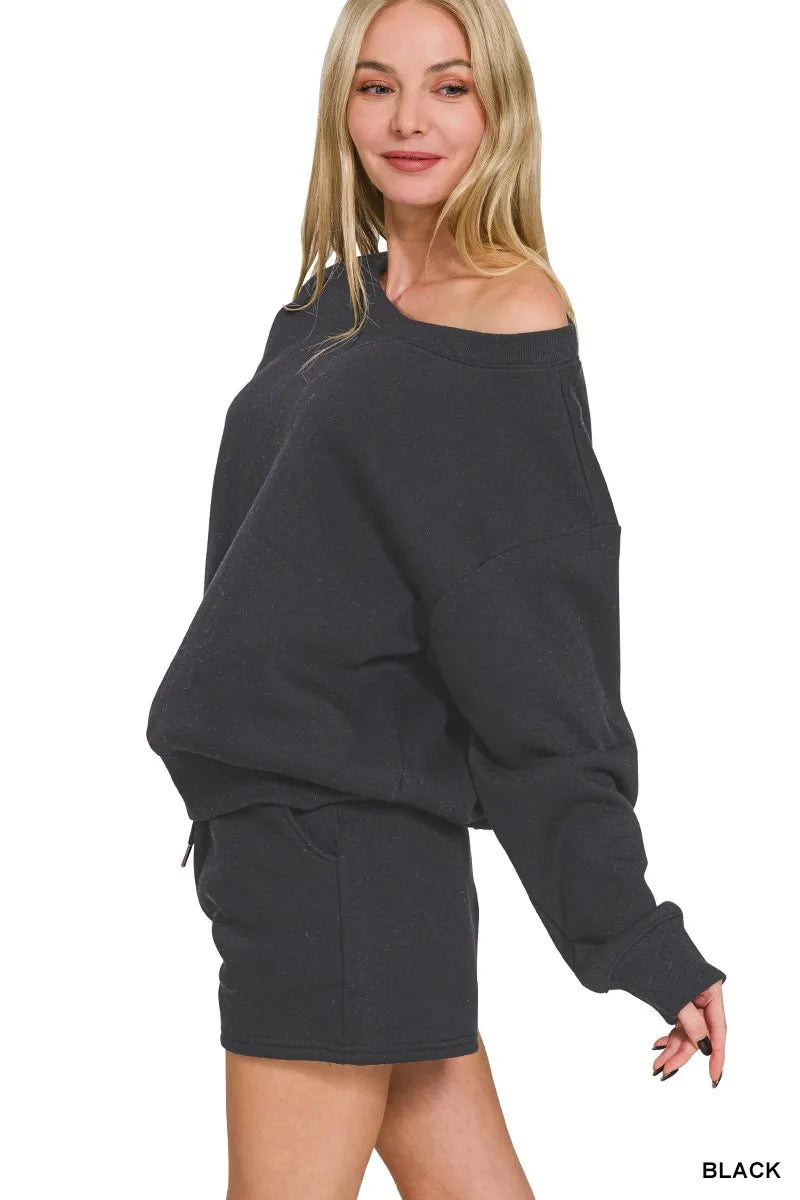 FLEECE BOAT NECK SWEATSHIRTS & SHORTS 2PCS SET in black-How Cute is That? Boutique
