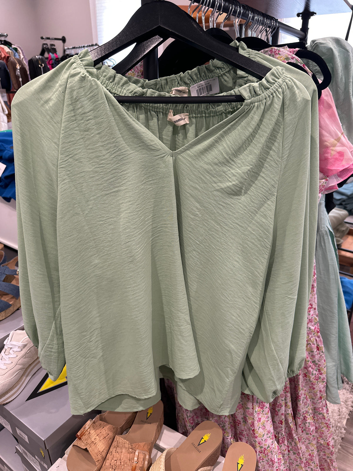 PUFF SLEEVE V-NECK BLOUSE TOP in Sage Green-How Cute is That? Boutique