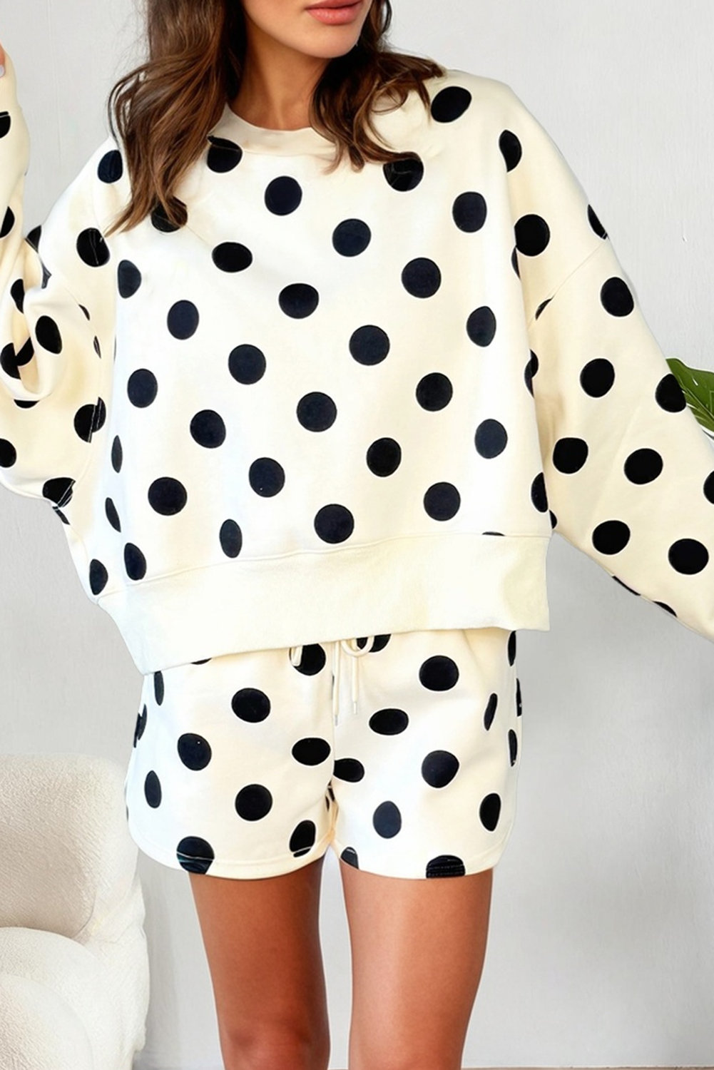 Retro Polka Dot 2-Piece Lounge Set | Relaxed Pullover & Drawstring Shorts