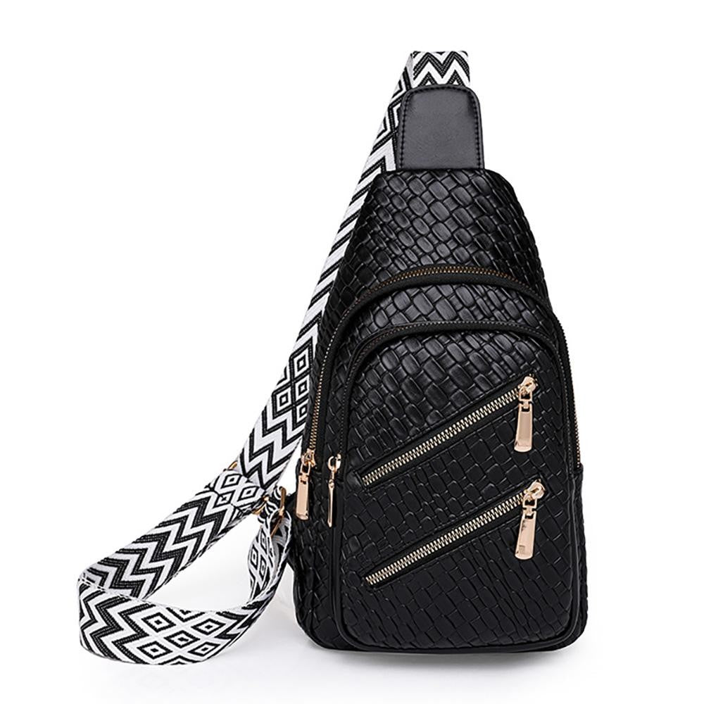 Woven Vegan Leather Sling Bag With Adjustable Chevron Canvas Guitar Strap