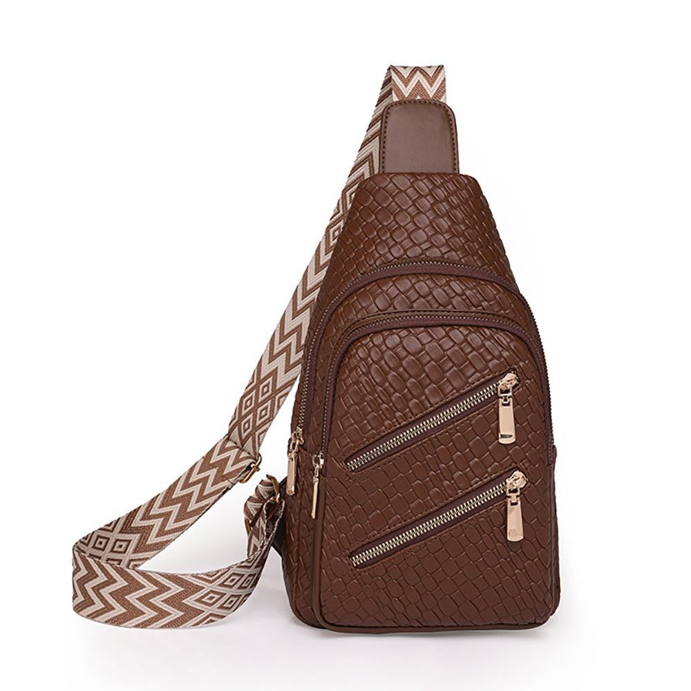 Woven Vegan Leather Sling Bag With Adjustable Chevron Canvas Guitar Strap