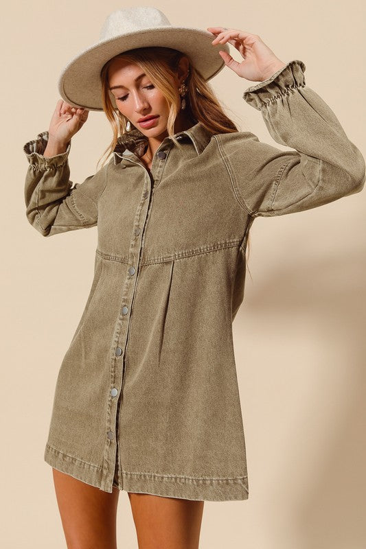 Button down denim dress in Olive
